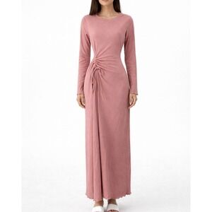 Halara Womens Long Sleeve Side Cinch Ribbed Maxi Dress Rosette Pink S Small New